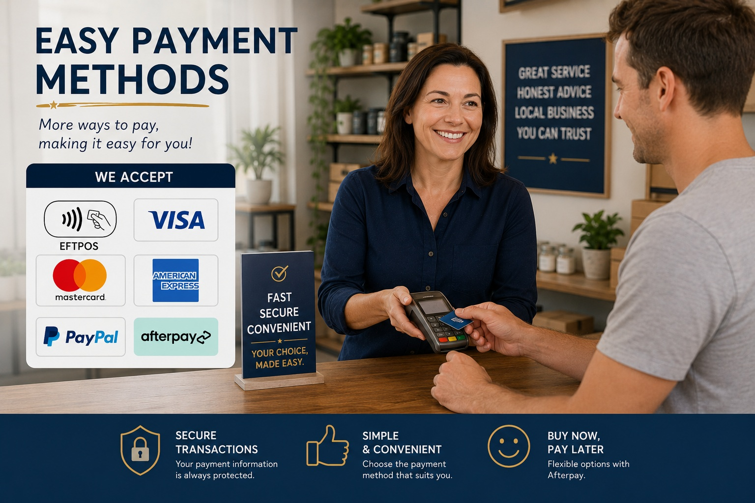 Easy payment methods helping customers complete a purchase